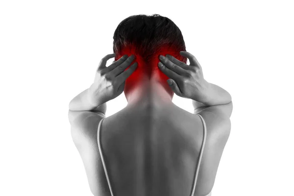 Headache and migraine, woman with head pain isolated on white background — Stock Photo, Image