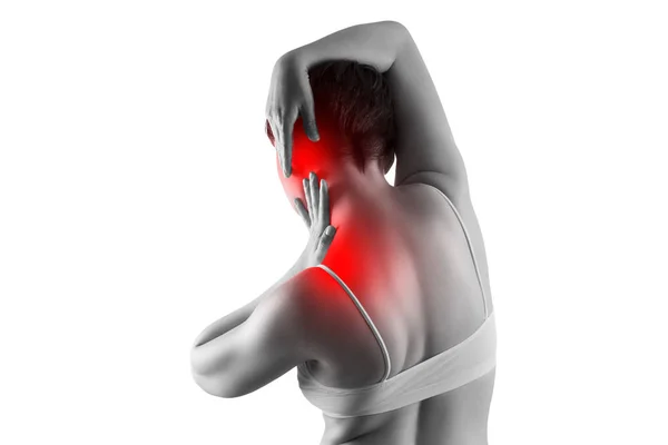 Neck pain, woman suffering from backache isolated on white background — Stock Image Neck pain, woman suffering from backache isolated on white background Stock Photo