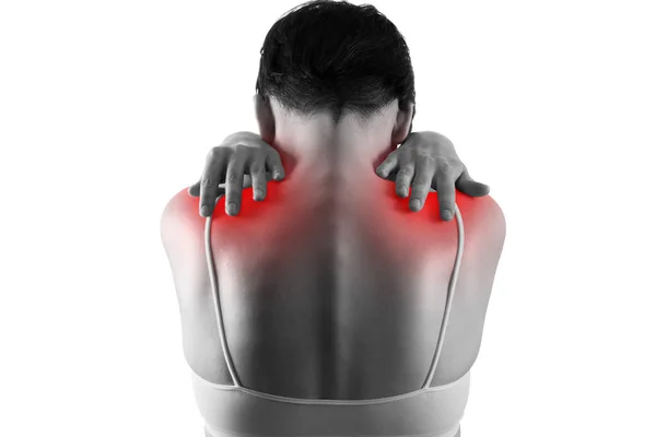 Shoulder pain, ache in a woman's body, sports injury concept, isolated on white background — Stock Image Shoulder pain, ache in a woman's body, sports injury concept, isolated on white background Stock Picture