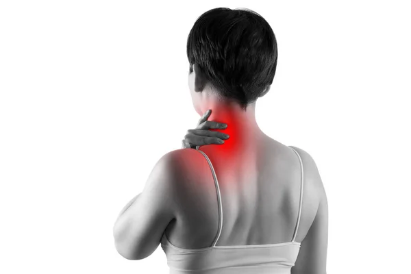 Neck pain, woman suffering from backache isolated on white background — Stock Image Neck pain, woman suffering from backache isolated on white background Stock Photo