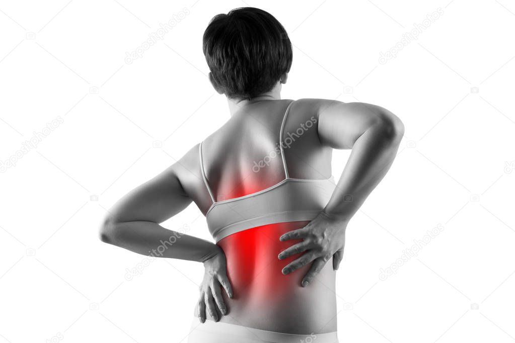 Back pain, woman suffering from backache isolated on white background