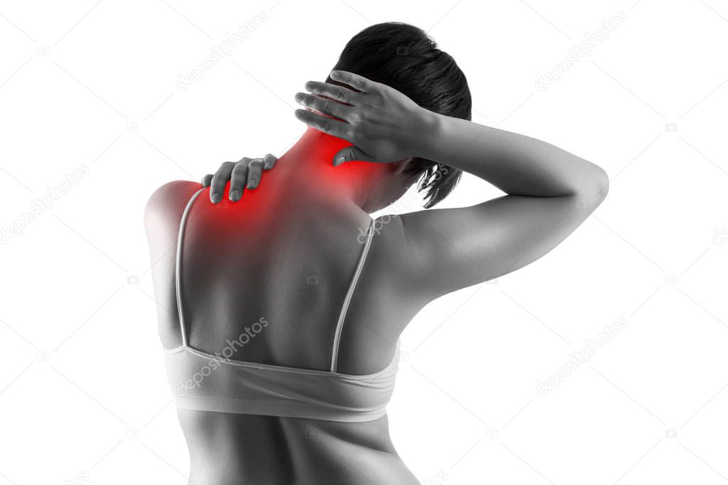 Neck pain, woman suffering from backache isolated on white background