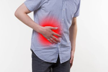 Attack of appendicitis, man suffering with abdominal pain clipart