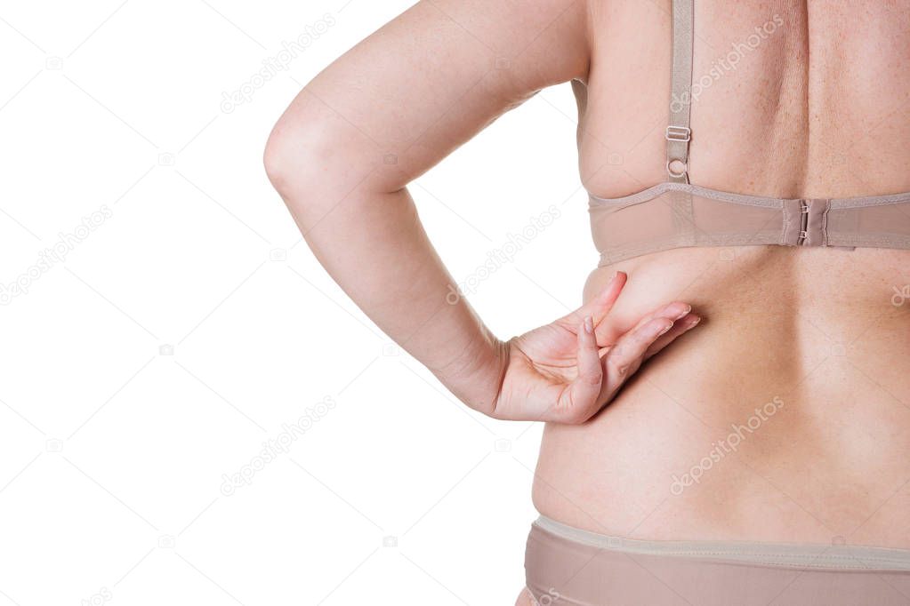 Fat woman back in underwear isolated on white background