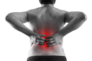 Böbrek taşları, beyaz arka planda izole edilmiş bir erkeğin vücudunda ağrı, idrar sistemi kavramının kronik hastalıkları