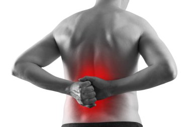 Böbrek taşları, beyaz arka planda izole edilmiş bir erkeğin vücudunda ağrı, idrar sistemi kavramının kronik hastalıkları