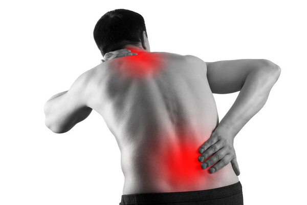 Боль в мужском теле, мужчина с болью в спине, радикулит и сколиоз изолированы на белом фоне, концепция лечения хиропрактики
