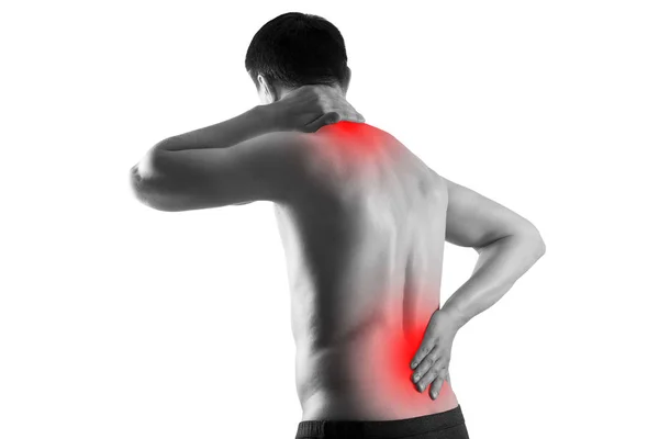 Біль у чоловічому тілі, чоловік з болем в спині, ізольовані на білому тлі, концепція лікування хіропрактиком — стокове фото