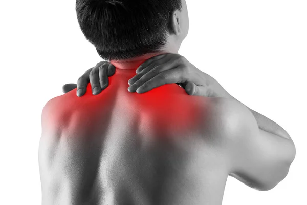 Neck pain, man suffering from backache isolated on white background — Stock Image Neck pain, man suffering from backache isolated on white background Royalty Free Stock Images