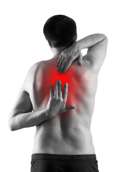 Pain between the shoulder blades, man suffering from backache isolated on white background — Stock Image Pain between the shoulder blades, man suffering from backache isolated on white background Stock Picture