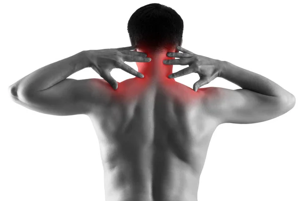 Neck pain, man suffering from backache isolated on white background — Stock Image Neck pain, man suffering from backache isolated on white background Royalty Free Stock Images