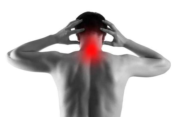 Neck pain, man suffering from backache isolated on white background — Stock Image Neck pain, man suffering from backache isolated on white background Stock Image