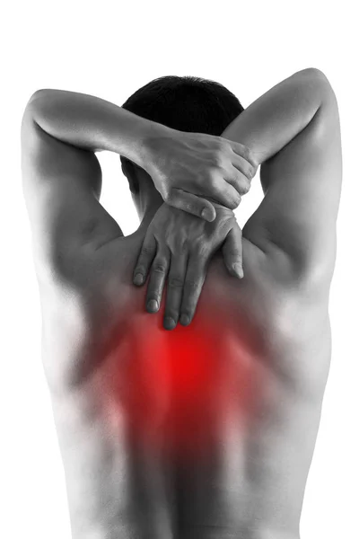 Pain between the shoulder blades, man suffering from backache isolated on white background — Stock Image Pain between the shoulder blades, man suffering from backache isolated on white background Royalty Free Stock Photos