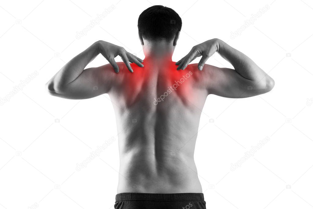 Shoulder pain, man suffering from backache isolated on white background
