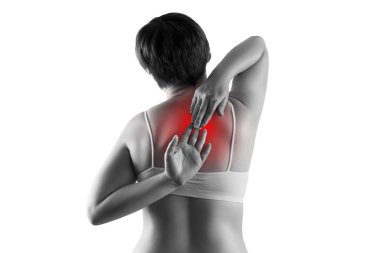 Back pain, woman suffering from backache isolated on white background clipart