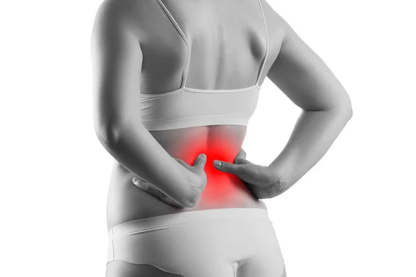 Cálculos renales, dolor en el cuerpo de una mujer aislado sobre fondo blanco, enfermedades crónicas del concepto del sistema urinario — Foto de Stock