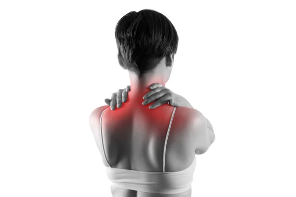 Neck pain, woman suffering from backache isolated on white background — Stock Photo, Image