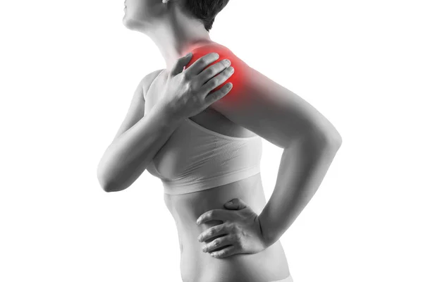 Shoulder pain, ache in a woman's body, sports injury concept, isolated on white background — Stock Image Shoulder pain, ache in a woman's body, sports injury concept, isolated on white background Stock Picture