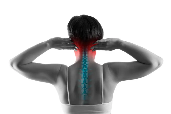 Neck pain, sciatica and scoliosis in the cervical spine isolated on white background, chiropractor treatment concept — Stock Image Neck pain, sciatica and scoliosis in the cervical spine isolated on white background, chiropractor treatment concept Stock Image