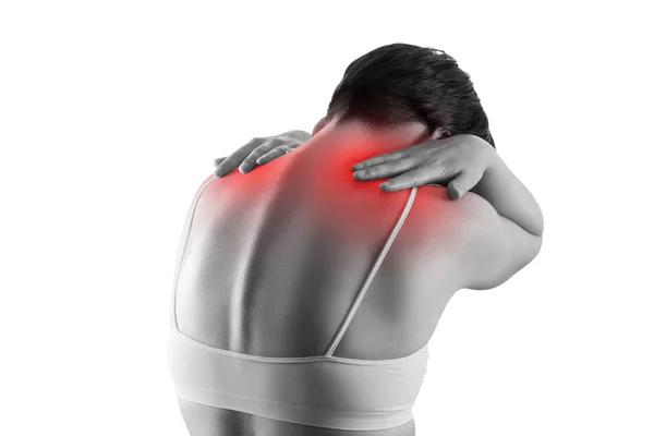 Neck pain, woman suffering from backache isolated on white background — Stock Image Neck pain, woman suffering from backache isolated on white background Stock Picture