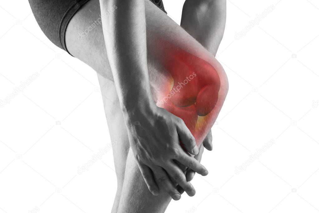 Knee pain, man with legs ache, chiropractic treatments concept, isolated on white background