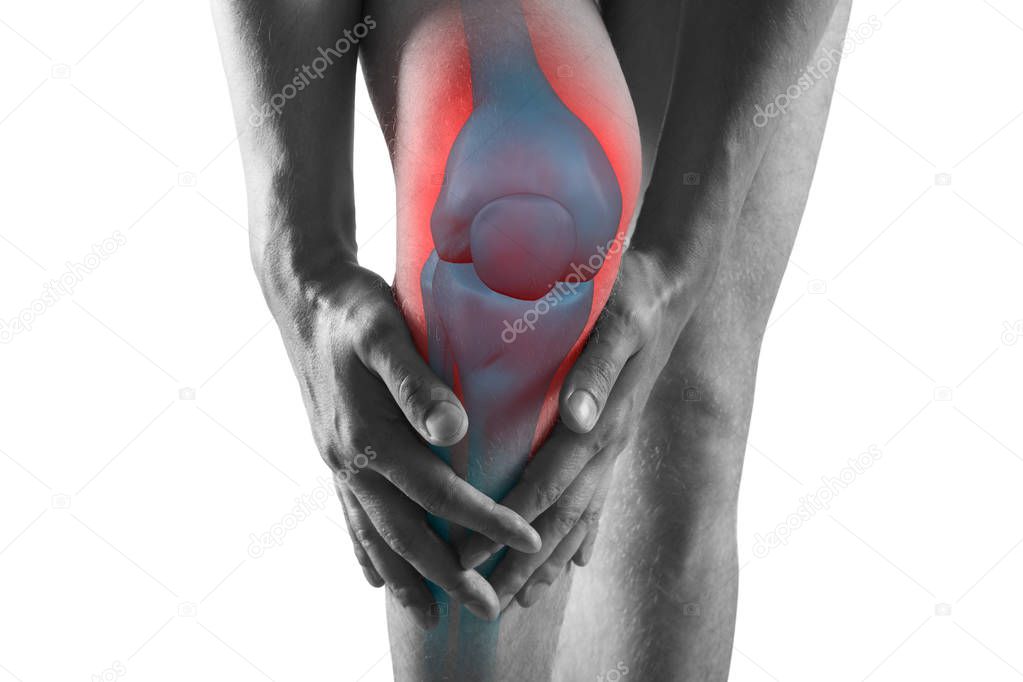 Knee pain, man with legs ache, chiropractic treatments concept, isolated on white background