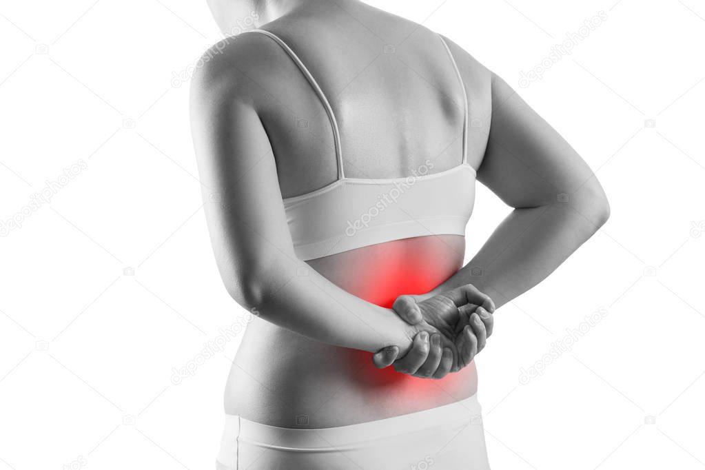 Kidney stones, pain in a woman's body isolated on white background, chronic diseases of the urinary system concept