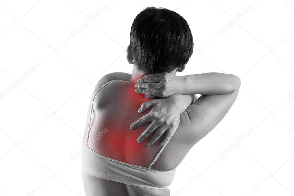 Neck pain, woman suffering from backache isolated on white background