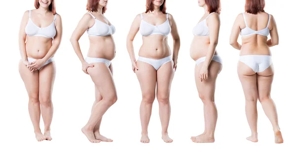 Fett kvinna i underkläder, övervikt kvinnlig kropp isolerad på vit bakgrund — Stockfoto