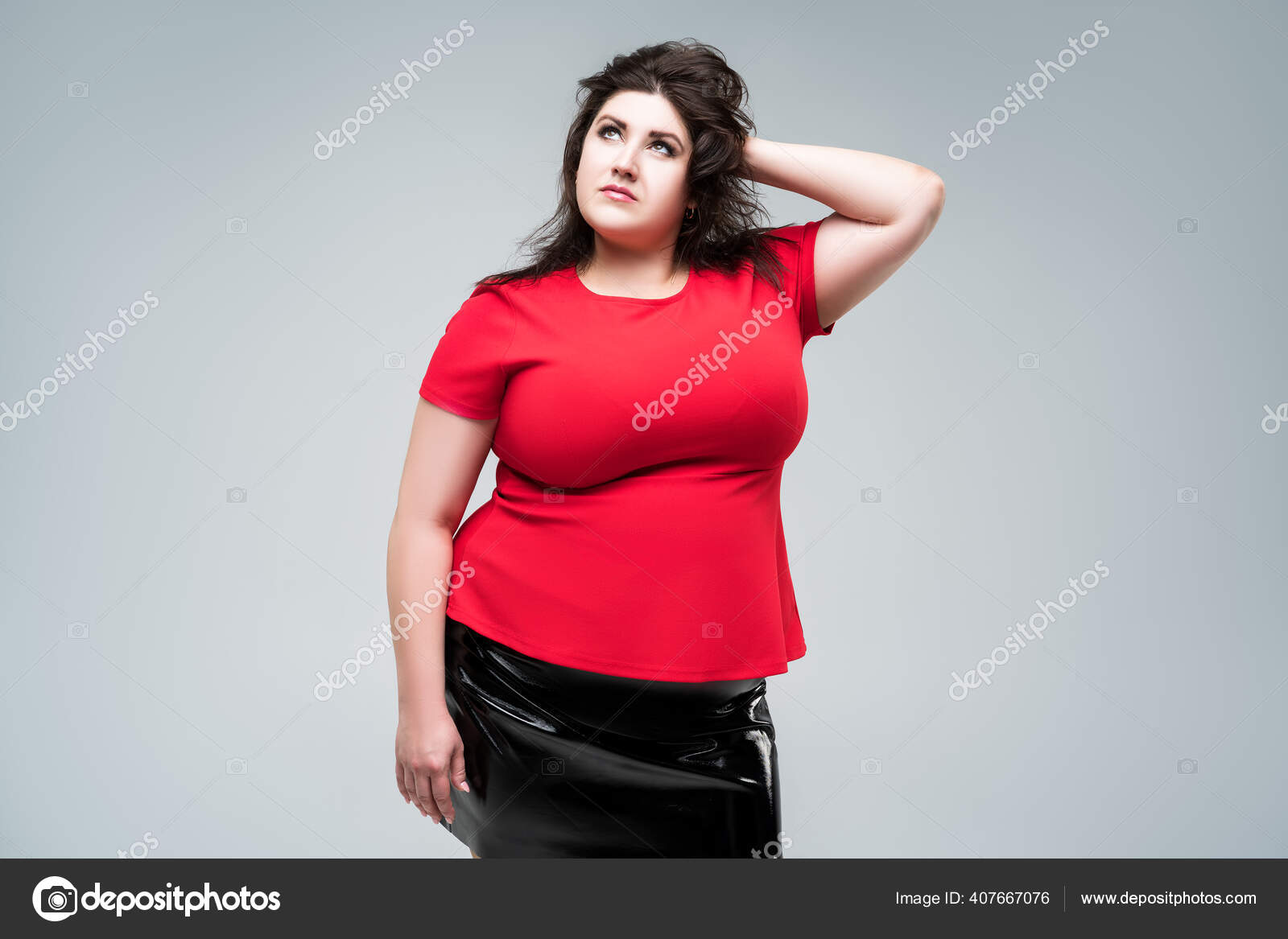 Size Fashion Model Red Blouse Black Skirt Fat Woman Gray Stock Photo by  ©starast 407667076