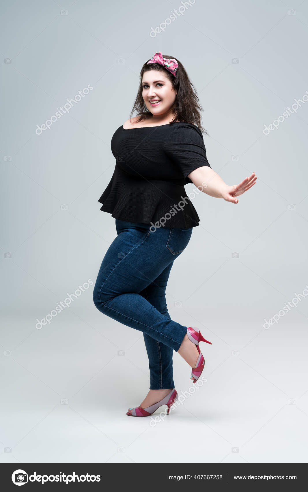 Happy Size Fashion Model Black Blouse Blue Jeans Fat Woman Stock Photo by  ©starast 407667258