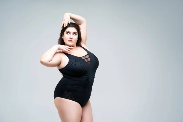 Sexy Size Model Schwarzen Einteiler Badeanzug Dicke Frau Dessous Auf — Stockfoto