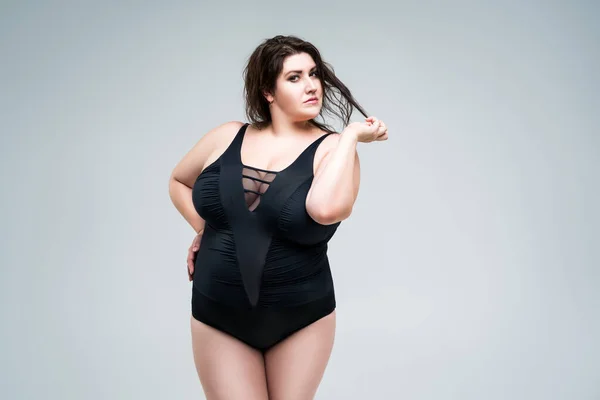 Модель Sexy Size Черном Купальнике Толстая Женщина Нижнем Белье Заднем — стоковое фото