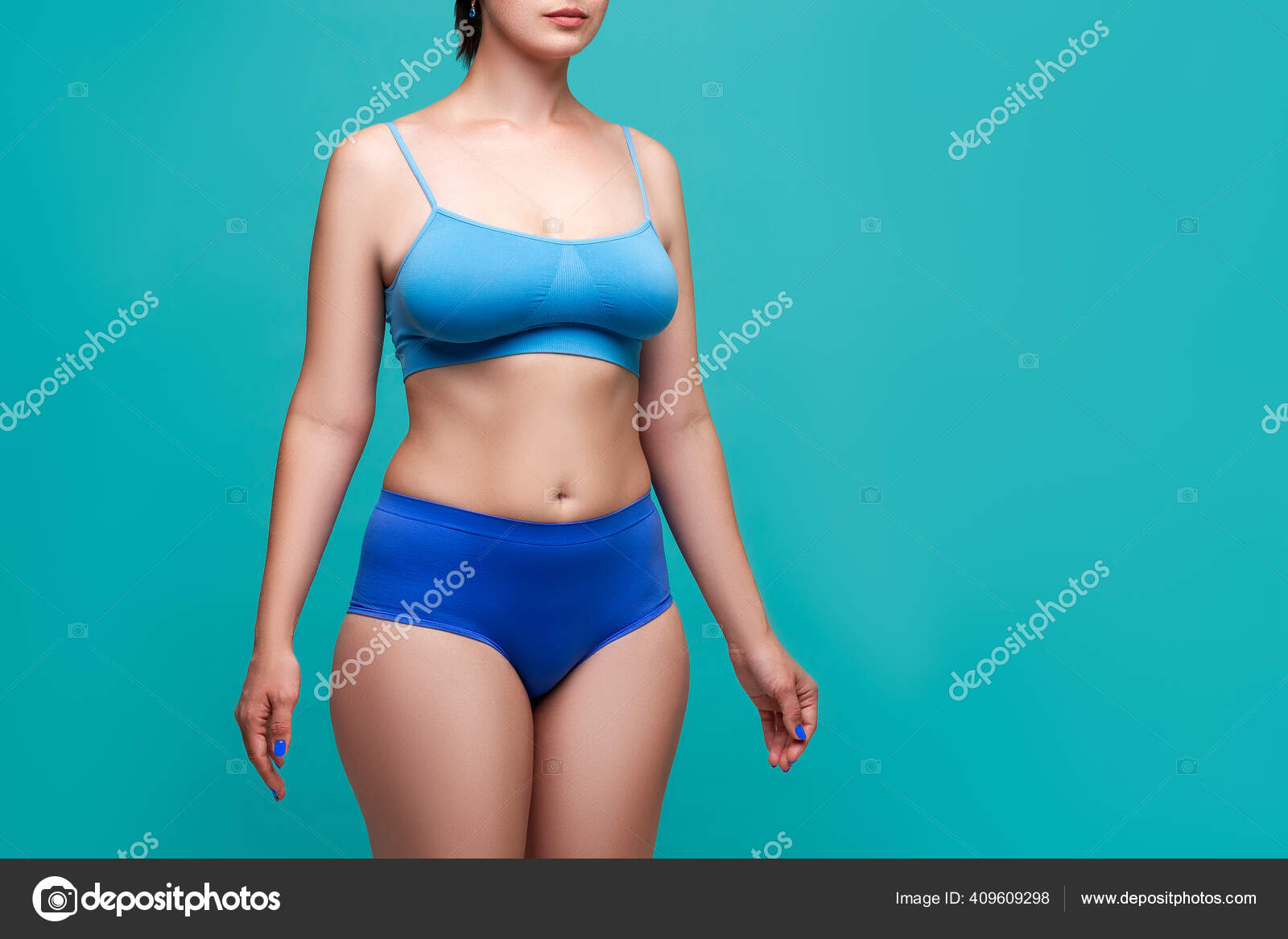Beautiful Sexy Woman Blue Turquoise Background Perfect Female Body Stock Photo ©starast 409609298