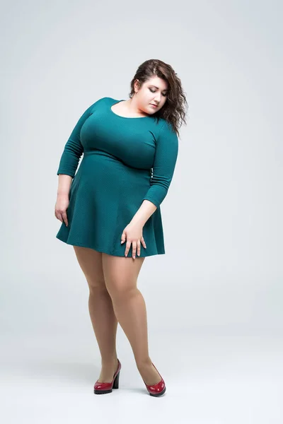 Sexy Size Fashion Model Green Dress Fat Woman Gray Background Stock Photo