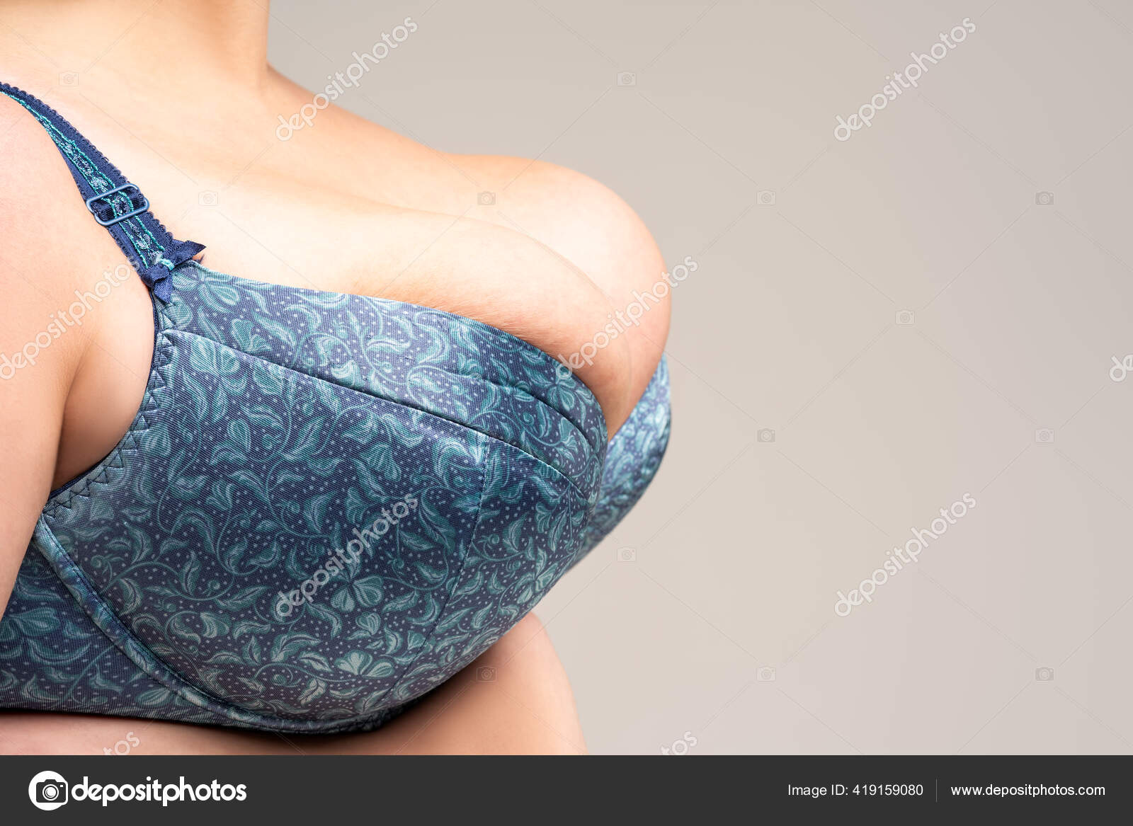 Big Natural Breasts Blue Bra Close Biggest Boobs Gray Background