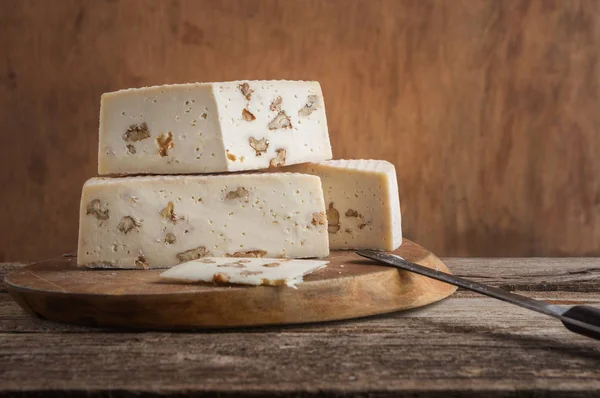 Homemade Cheese Walnuts Wooden Board Rustic Still Life — Stock Photo, Image