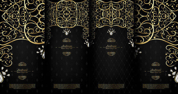 Arabesque abstract islamic element classy black and gold with diamond background card template vector set design