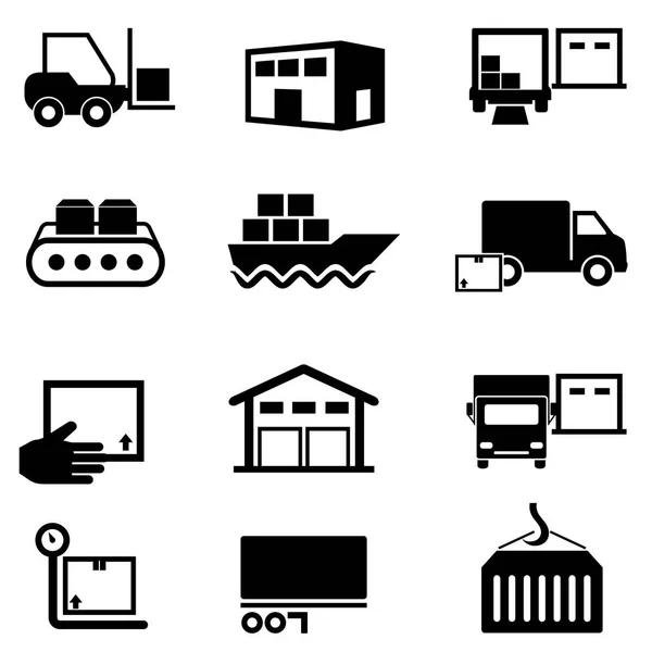 Set Icone Logistica Supply Chain Distribuzione Magazzinaggio Spedizione — Vettoriale Stock