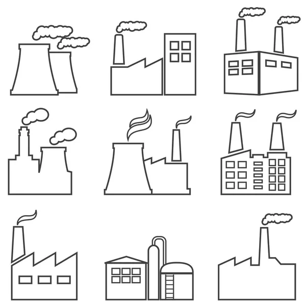Industrial Buildings Nuclear Plants Factories Line Web Icon Set — Stock Vector