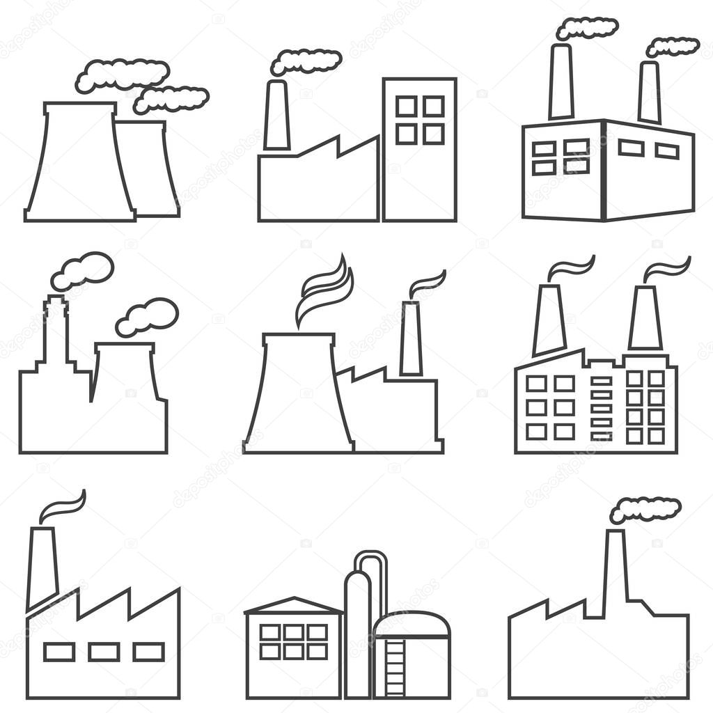 Industrial buildings, nuclear plants, factories line web icon set