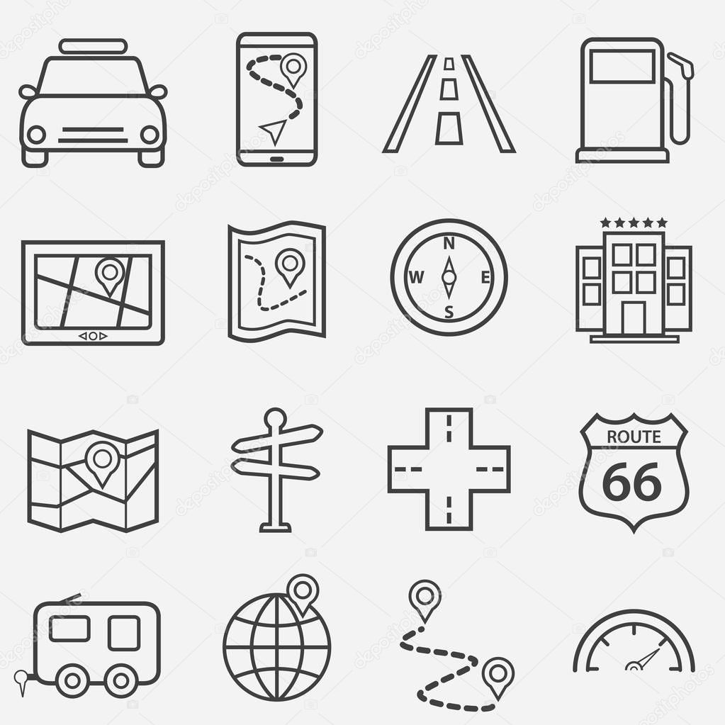 Road trip, travel and navigation line icon set