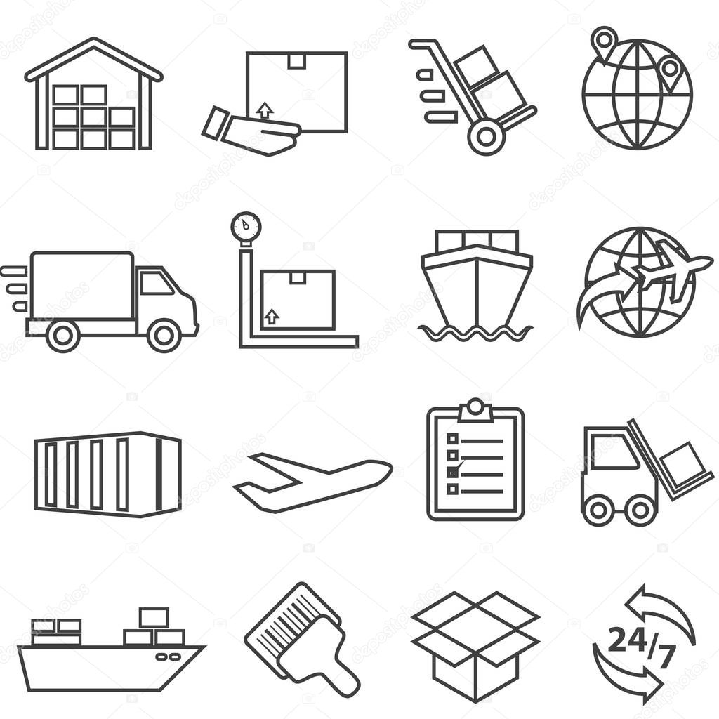 Shipping, cargo, delivery, distribution, freight and warehouse web line icon set