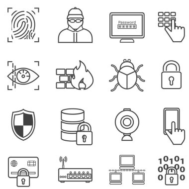 Siber güvenlik, veri koruma, hacker ve kötü amaçlı yazılım hat Icon set web