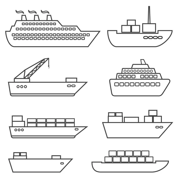 Conjunto Ícones Navios Barcos Carga Logística Transporte Linha Transporte —  Vetores de Stock