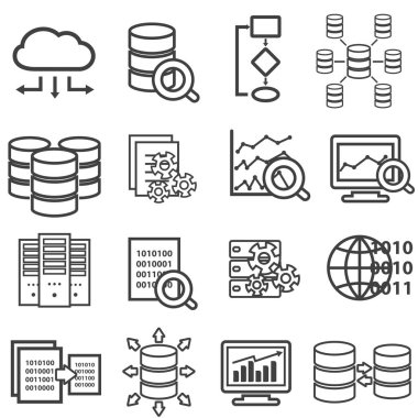 Büyük veri, veri analizi, bilgisayar ve bulut bilgisayar hattı web Icon set