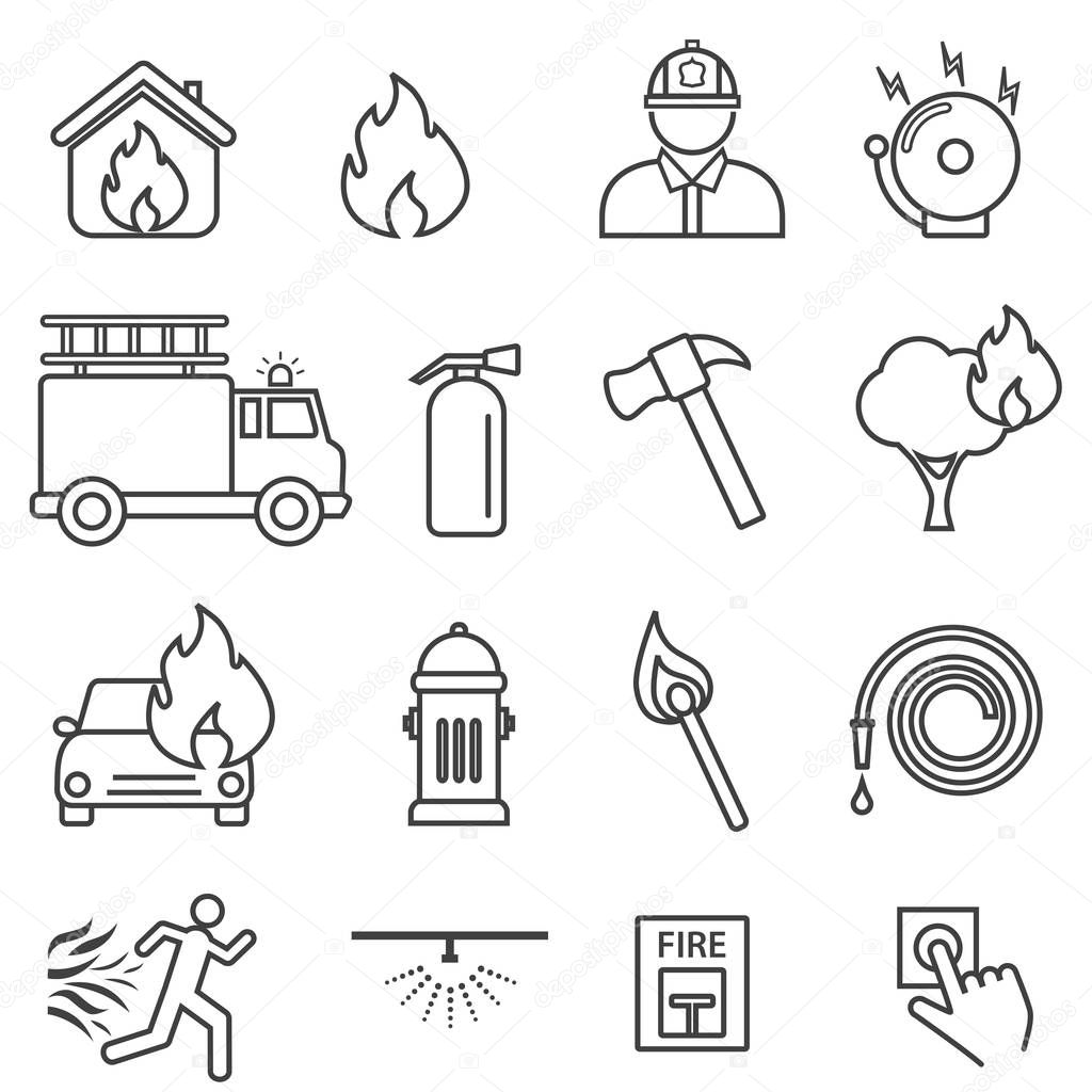 Fire, flame, safety line icon set