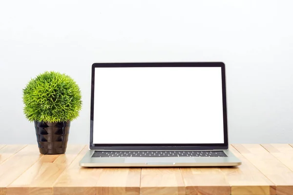 Laptop Mit Weißem Bildschirm Und Pflanzkübel Auf Holztisch — Stockfoto