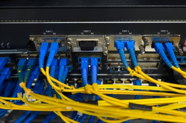 Fiber optik yama kablosu bağlı ağ çekirdek anahtarı ön panel