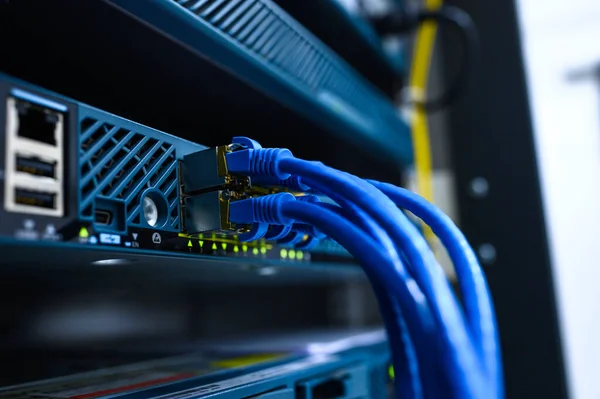 Network device front panel with utp cables connected in data center room — Stock Photo, Image